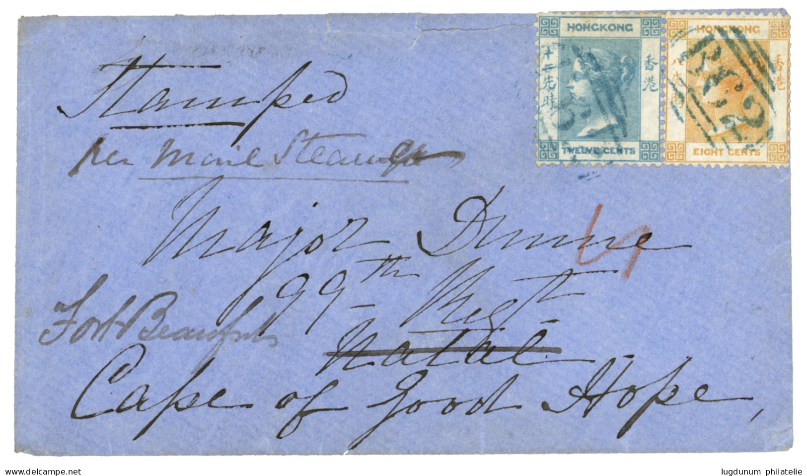 HONG-KONG To CAPE OF GOOD HOPE : 1865 8c + 12c Canc. B62 + HONG-KONG (verso) On Envelope To NATAL Redirected To CAPE OF  - Sonstige & Ohne Zuordnung