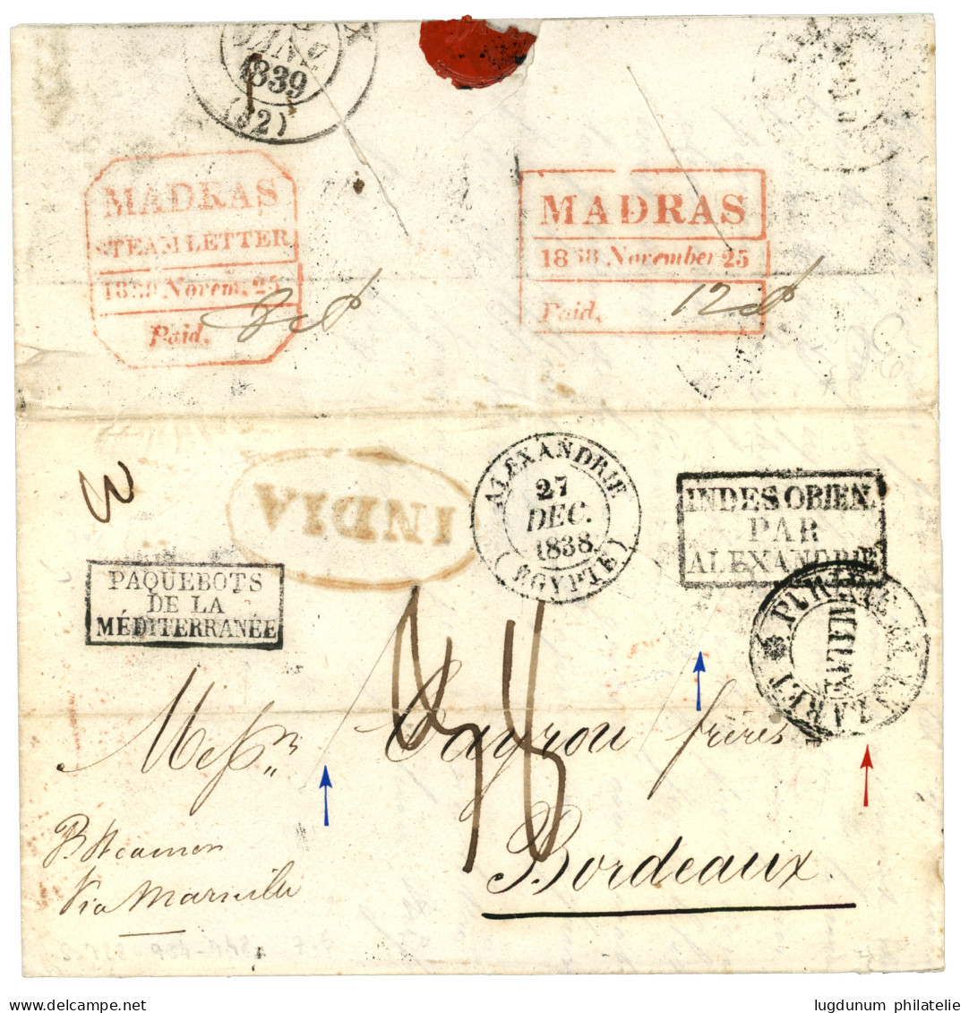 INDIA : 1838 Boxed INDES ORIENT. PAR ALEXANDRIE + ALEXANDRIE (EGYPTE) + PURIFIE AU LAZARET / MALTE + PAQUEBOT DE LA MEDI - Other & Unclassified