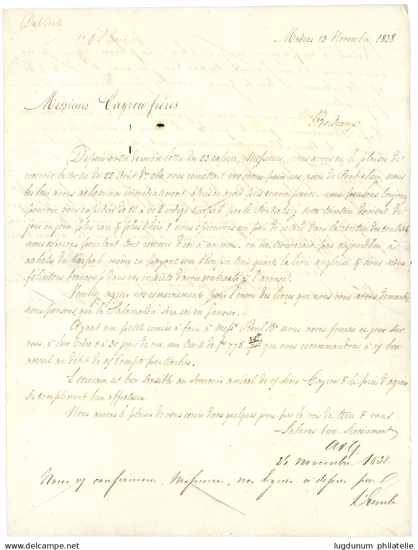 INDIA : 1838 Boxed INDES ORIENT. PAR ALEXANDRIE + ALEXANDRIE (EGYPTE) + PURIFIE AU LAZARET / MALTE + PAQUEBOT DE LA MEDI - Sonstige & Ohne Zuordnung