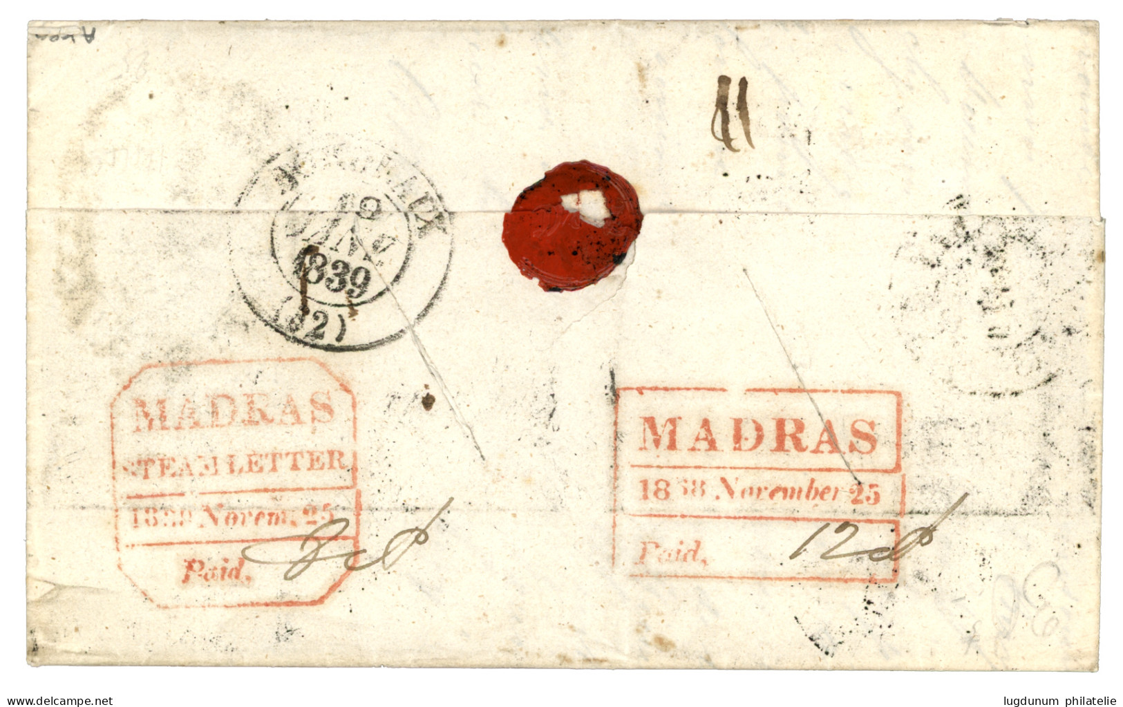 INDIA : 1838 Boxed INDES ORIENT. PAR ALEXANDRIE + ALEXANDRIE (EGYPTE) + PURIFIE AU LAZARET / MALTE + PAQUEBOT DE LA MEDI - Other & Unclassified