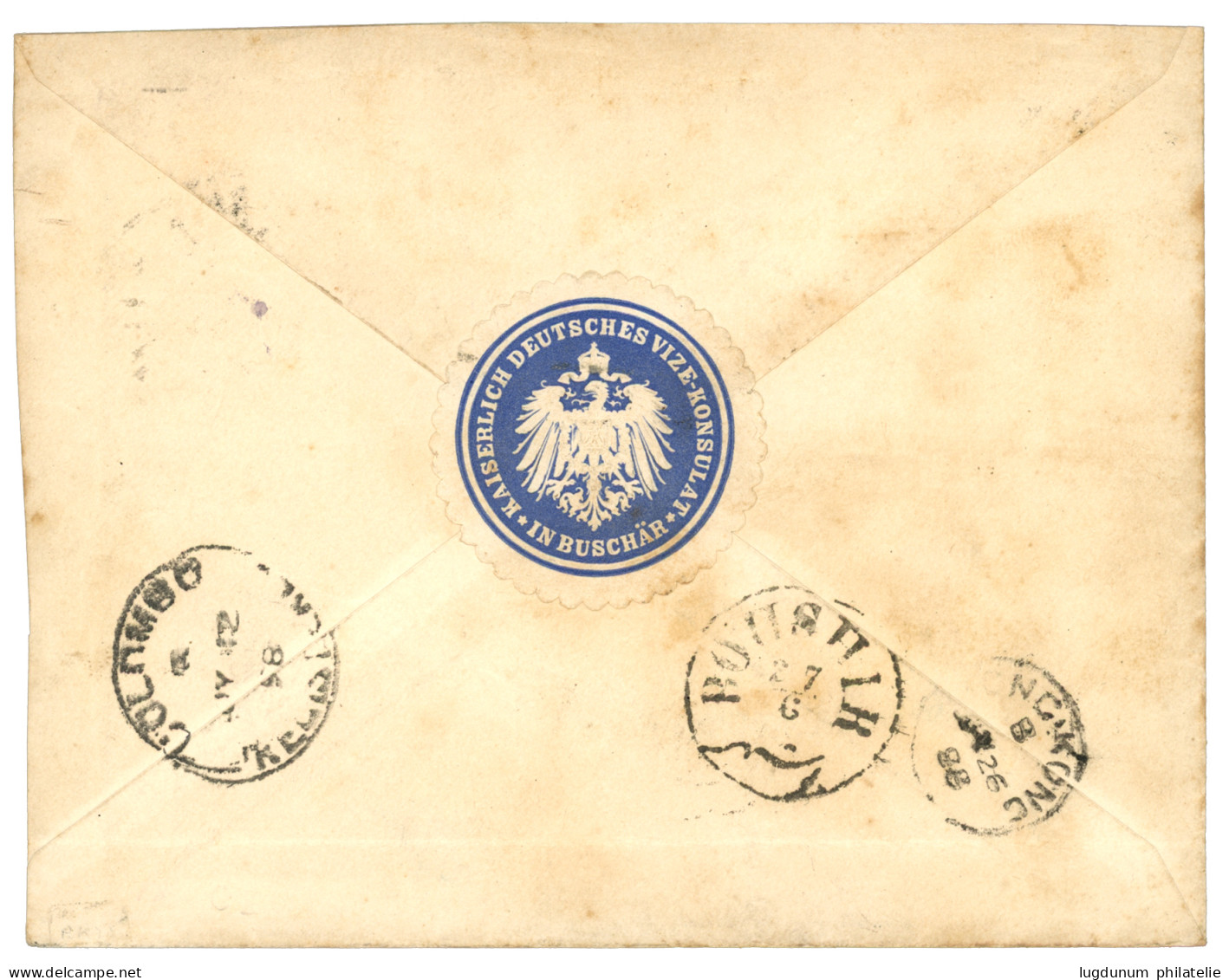 PERSIA To HONG-KONG : 1898 1 + 12 (x2) On Envelope From BUSCHIRE Via COLOMBO To HONG-KONG. Verso, Blue Label KAISERLICH  - Iran