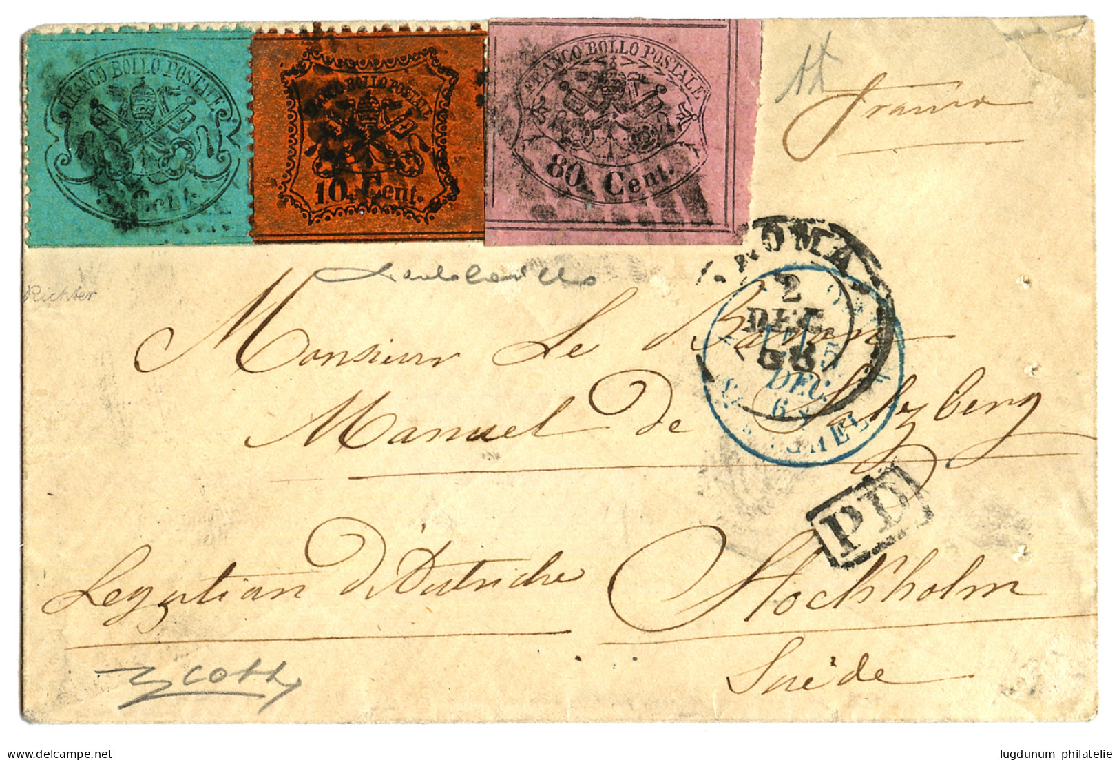 PAPAL STATES To SWEDEN : 1868 80c With Superb Margins ( 8 Filetti ) + 10c + 5c Canc. On Small Envelope From ROMA To STOC - Etats Pontificaux