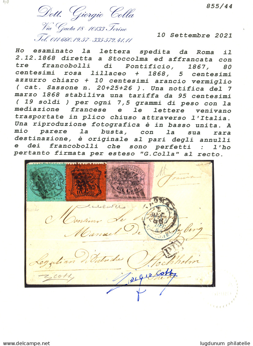 PAPAL STATES To SWEDEN : 1868 80c With Superb Margins ( 8 Filetti ) + 10c + 5c Canc. On Small Envelope From ROMA To STOC - Stato Pontificio