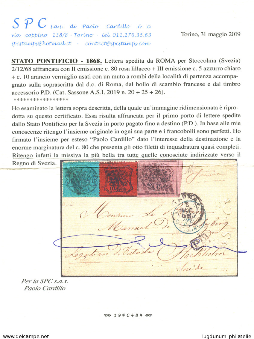 PAPAL STATES To SWEDEN : 1868 80c With Superb Margins ( 8 Filetti ) + 10c + 5c Canc. On Small Envelope From ROMA To STOC - Papal States