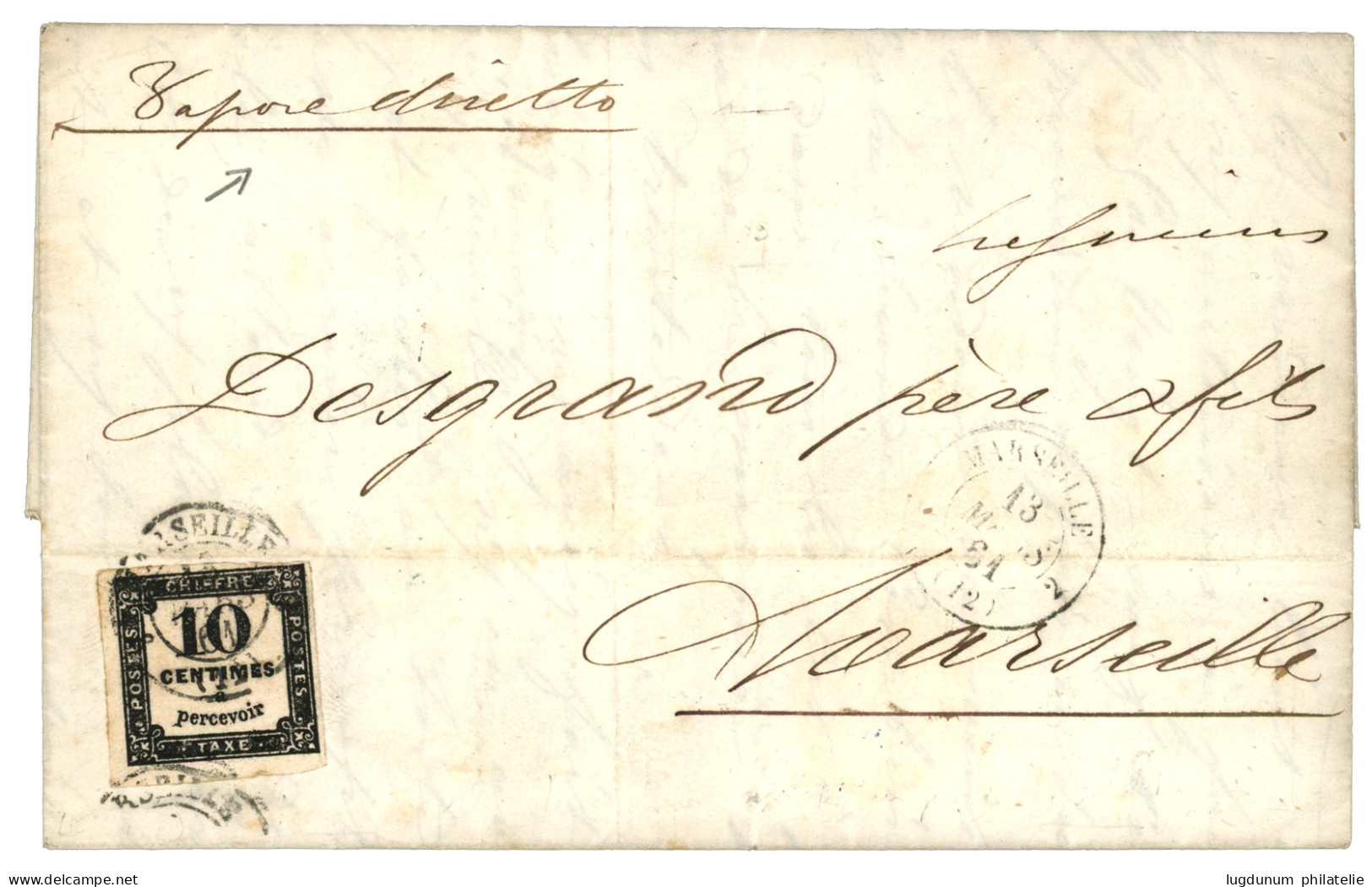 ITALY - NAPLES : 1861 FRANCE 10c POSTAGE DUE Canc. MARSEILLE + "VAPORE DIRETTO" On Entire Letter From NAPOLI To MARSEILL - Nápoles