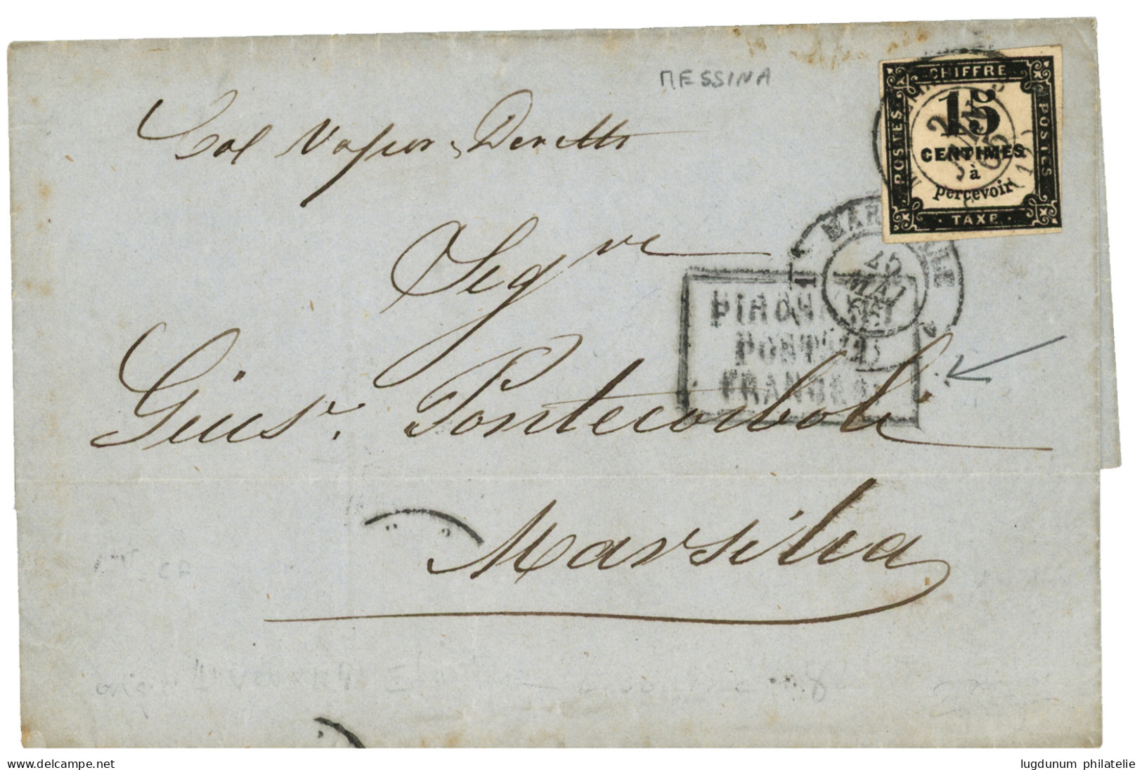 ITALY : 1865 FRANCE 10c POSTAGE DUE Canc. MARSEILLE + Boxed PIROSCAFI POSTALI FRANCESI + "Col. VAPORE DIRETTO" On Entire - Non Classés