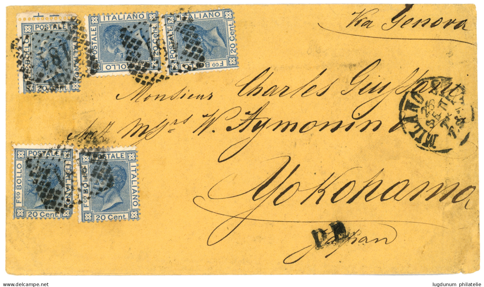 ITALY To JAPAN Via EGYPT & SUEZ : 1871 20c (x5) On Envelope From MILANO To  YOKOHAMA (JAPAN). Verso, Rare French Maritim - Unclassified