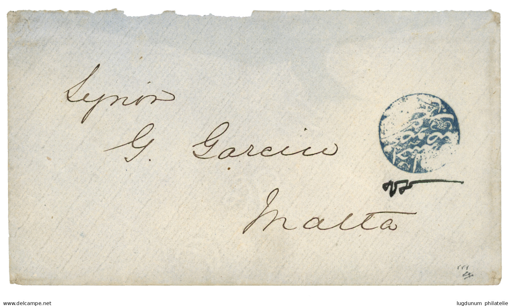 LIBYA : Negative Intaglio Seal In  Blue MAHSUSA TRABLUS GARB AGANTI (TRIPOLI) On Envelope To MALTA. Only Kwown Letter To - Libye