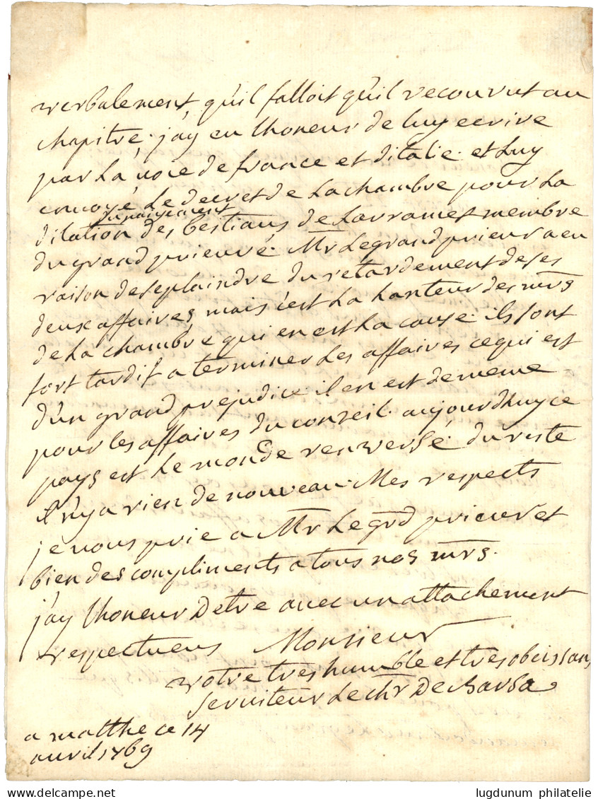 MALTA : 1769 MARSEILLE / DE MALTHE On Entire Letter From CHEVALIER DE BARSA Datelined "MALTHE 14 Avril 1769" To TOULOUSE - Malta (...-1964)