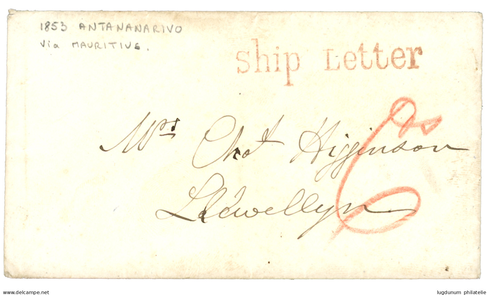 MAURITIUS - MADAGASCAR : 1853 SHIP LETTER In Red + MAURITIUS (verso) On Envelope With Full Text Datelined ANTANANARIVO ( - Mauritius (...-1967)