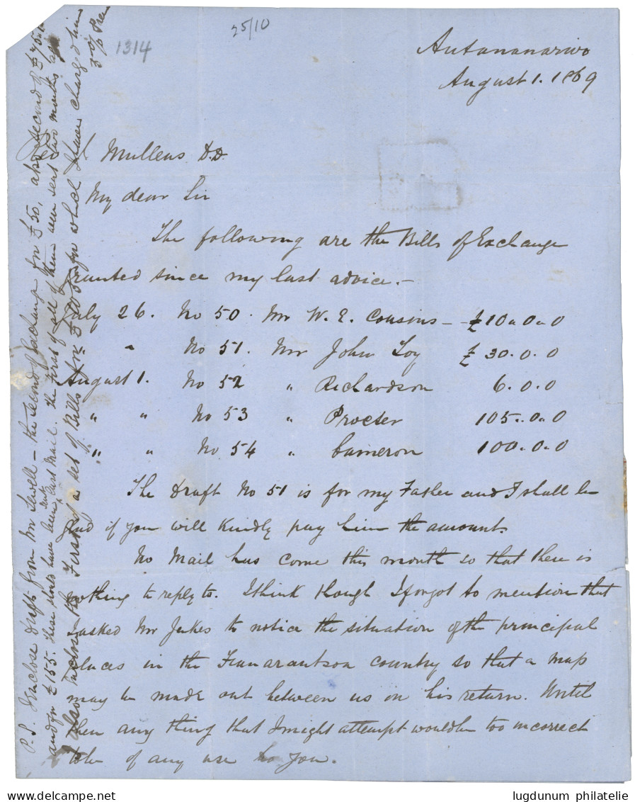 MAURITIUS - MADAGASCAR : 1869 MAURITIUS 4d + 1 SHILING  Canc. B53 + 9d Red Tax Marking On Entire Letter Datelined  "ANTA - Mauritius (...-1967)