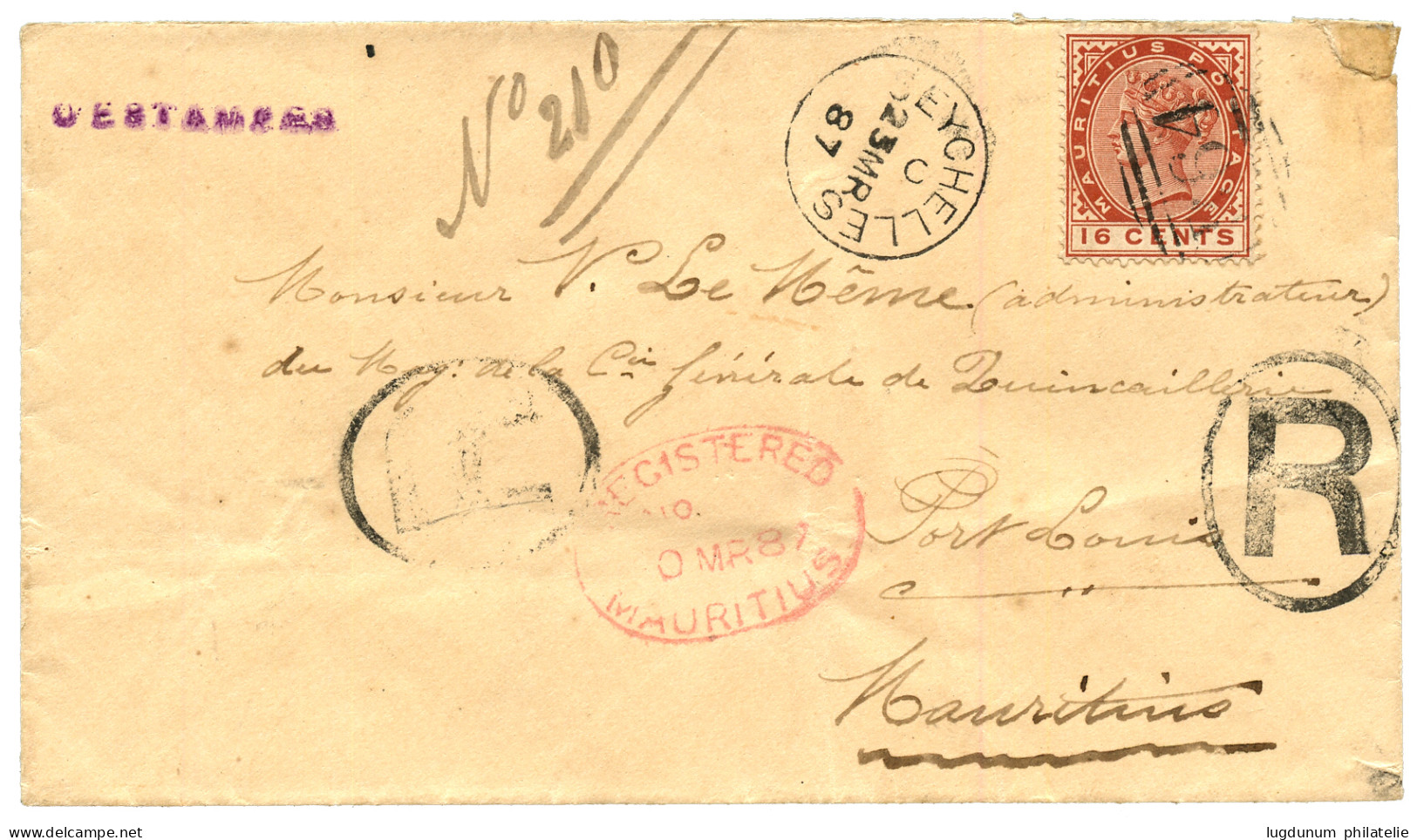 MAURITIUS - SEYCHELLES : 1887 MAURITIUS 16c Canc. B64 + SEYCHELLES On REGISTERED Envelope To MAURITIUS. REGISTERED Cover - Mauricio (...-1967)