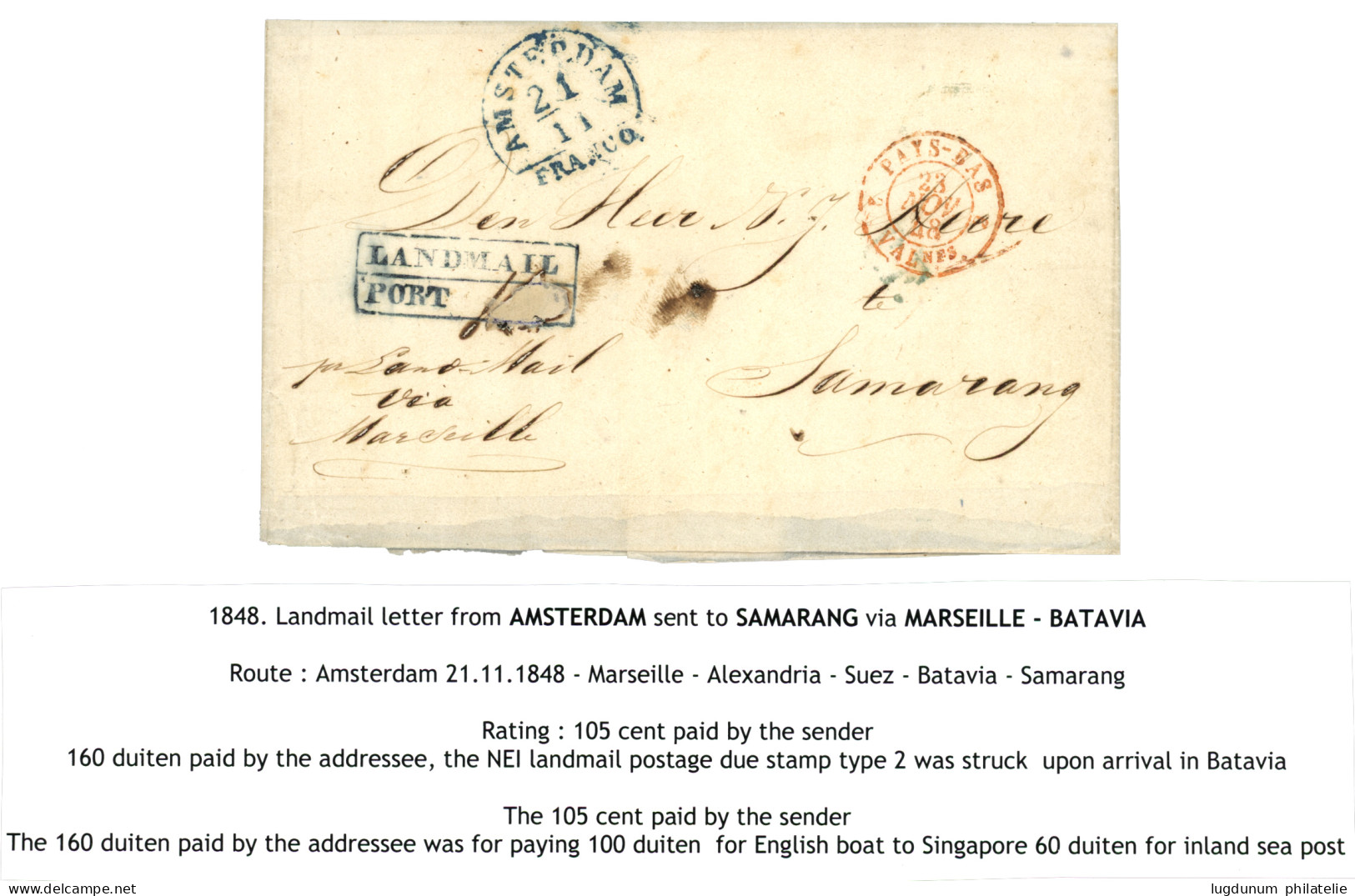 1848 Boxed LANDMAIL/ PORT In Blue On Entire From AMSTERDAM To SAMARANG. Superb. - Netherlands Indies