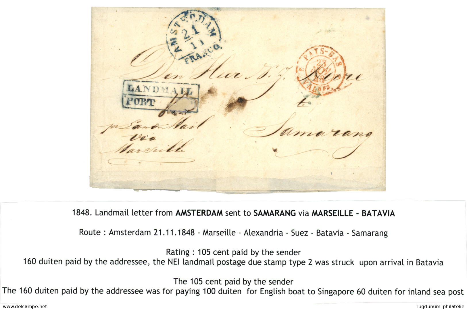1848 Boxed LANDMAIL/ PORT In Blue On Entire From AMSTERDAM To SAMARANG. Superb. - Nederlands-Indië
