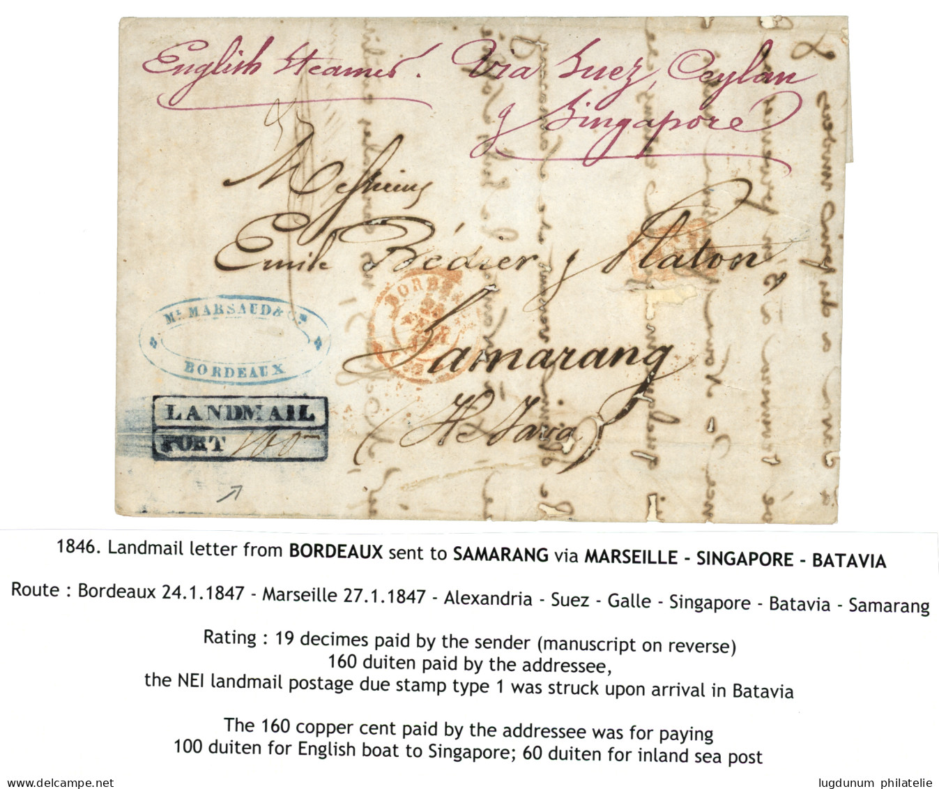 1848 Boxed LANDMAIL/ PORT In Blue + BORDEAUX In Red  On Entire Letter From BORDEAUX (FRANCE) To SAMARANG (ILE De JAVA).  - Niederländisch-Indien