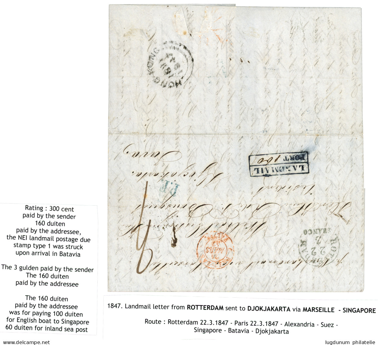 1848 Boxed LANDMAIL/ PORT In Blue + ROTTERDAM + P.F. In Blue + HONG-KONG (verso) On Entire Letter To DJOKJAKARTA (JAVA). - Niederländisch-Indien