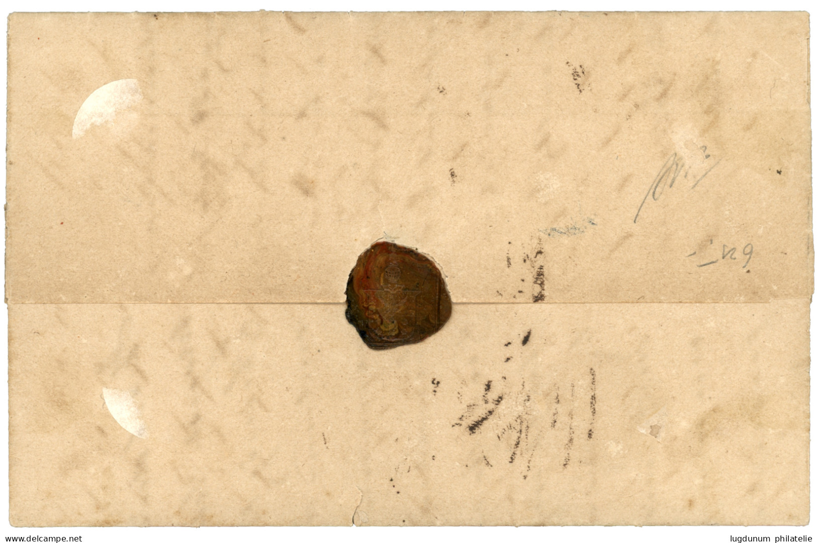 1849 Superb Boxed Blue Cachet NEDERLAND OVER MARSEILLE On Entire Letter From UTRECHT To BATAVIA. Vvf. - Netherlands Indies