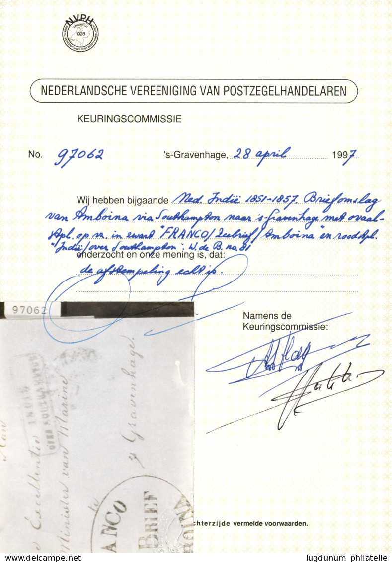 FRANCO ZEE BRIEF AMBOINA + Boxed INDIE OVER SOUTHAMPTON In Red On Entire To NETHERLANDS. NVVP Certificate (1997). Vvf. - Indes Néerlandaises