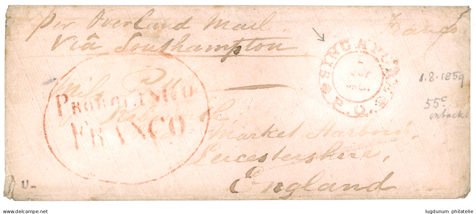 1859 SINGAPORE P.O. In Red + PROBOLINGO FRANCO Red  On Envelope "OVERLAND MAIL" To ENGLAND. NBVV Certificate (2000). Rar - Niederländisch-Indien