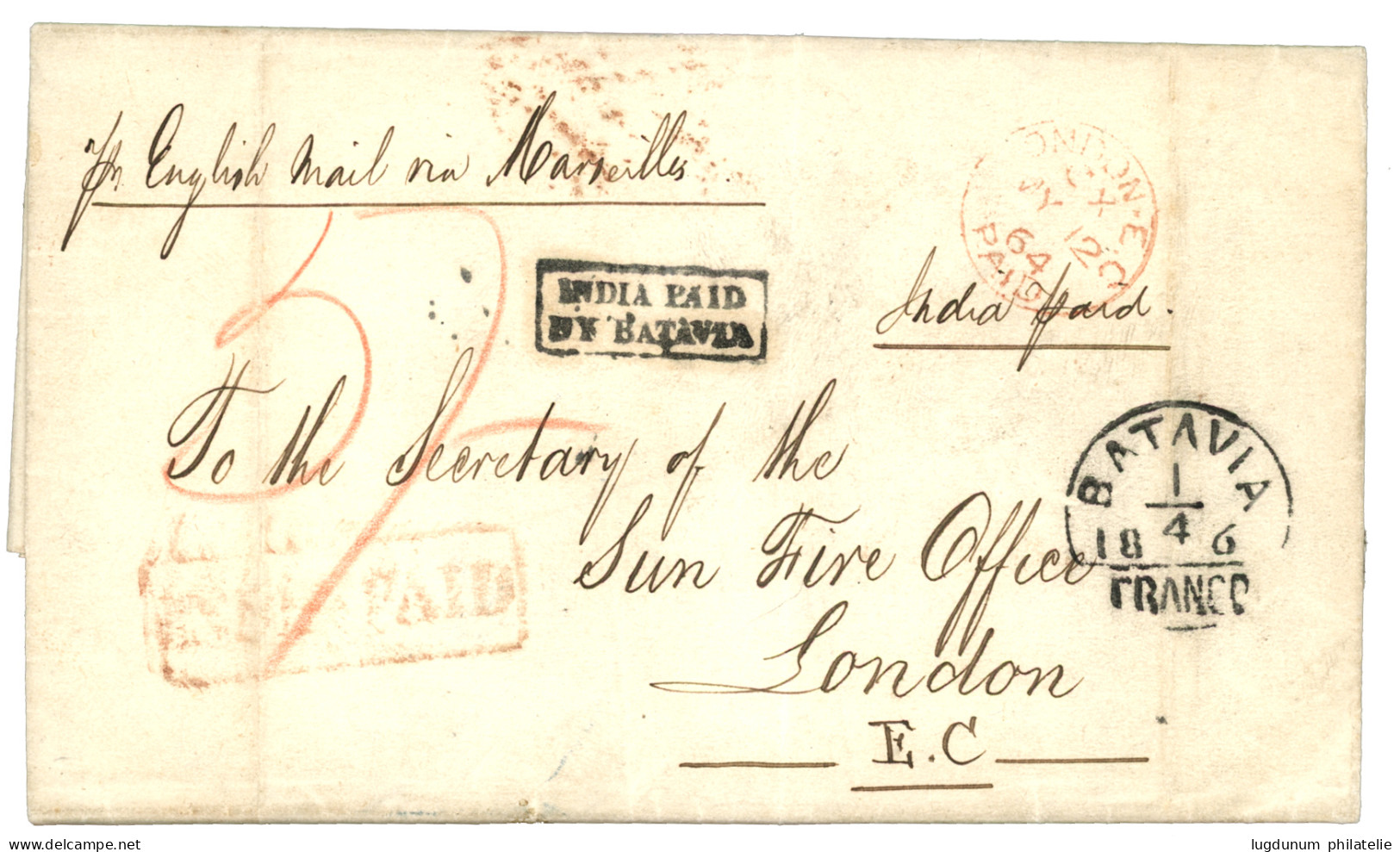 1864 BATAVIA/ FRANCO + Boxed INDIA PAID BY BATAVIA + Red INDIA PAID On Entire Letter To ENGLAND. Verso, SINGAPORE P.O. I - Netherlands Indies