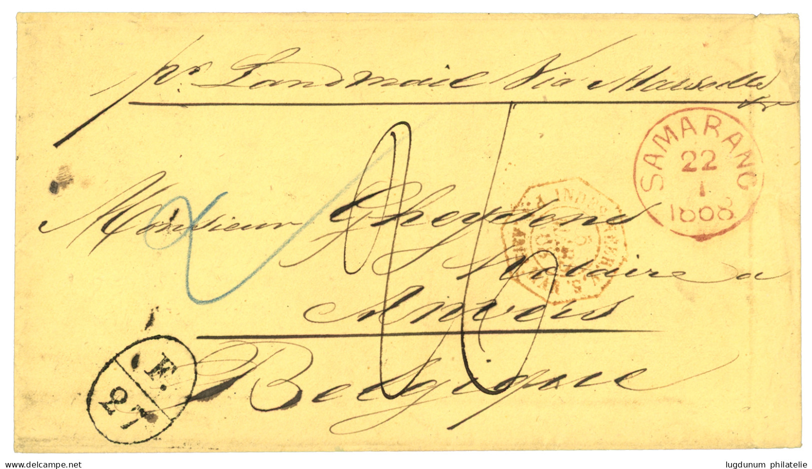 1868 SAMARANG In Red + Exchange Marking F./27 + "26" Tax Marking (double Rate) To ANVERS (BELGIQUE). Rare Combination. S - Niederländisch-Indien