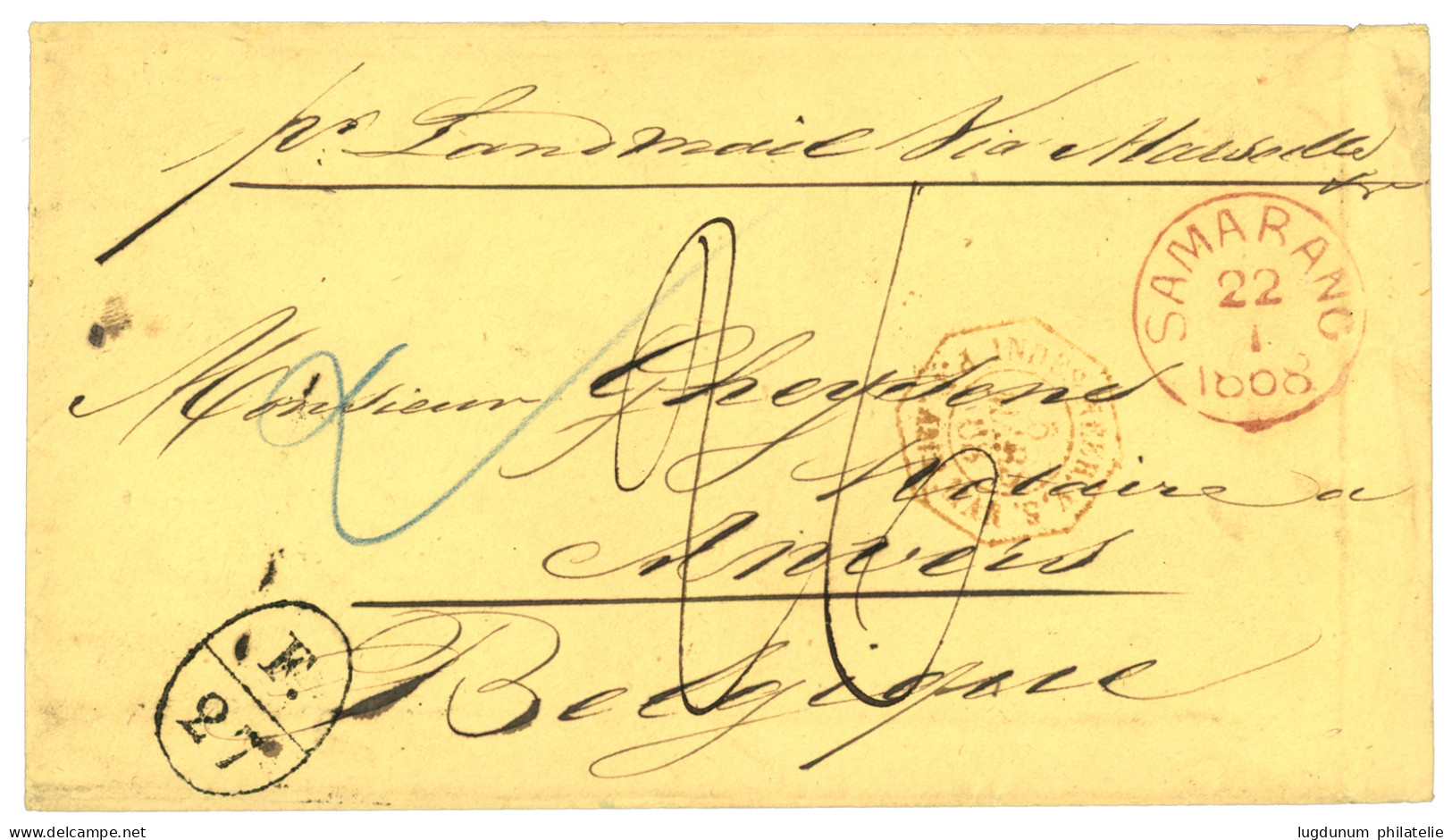 1868 SAMARANG In Red + Exchange Marking F./27 + "26" Tax Marking (double Rate) To ANVERS (BELGIQUE). Rare Combination. S - Nederlands-Indië