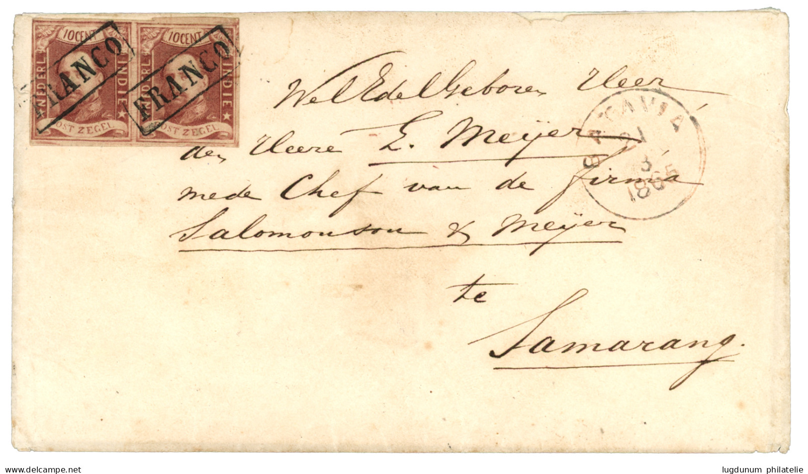 1865 First Issue Pair 10c With 3 Large Margins, Clear At Upper Left Canc. FRANCO + BATAVIA On Envelope (double Rate) To  - Indie Olandesi