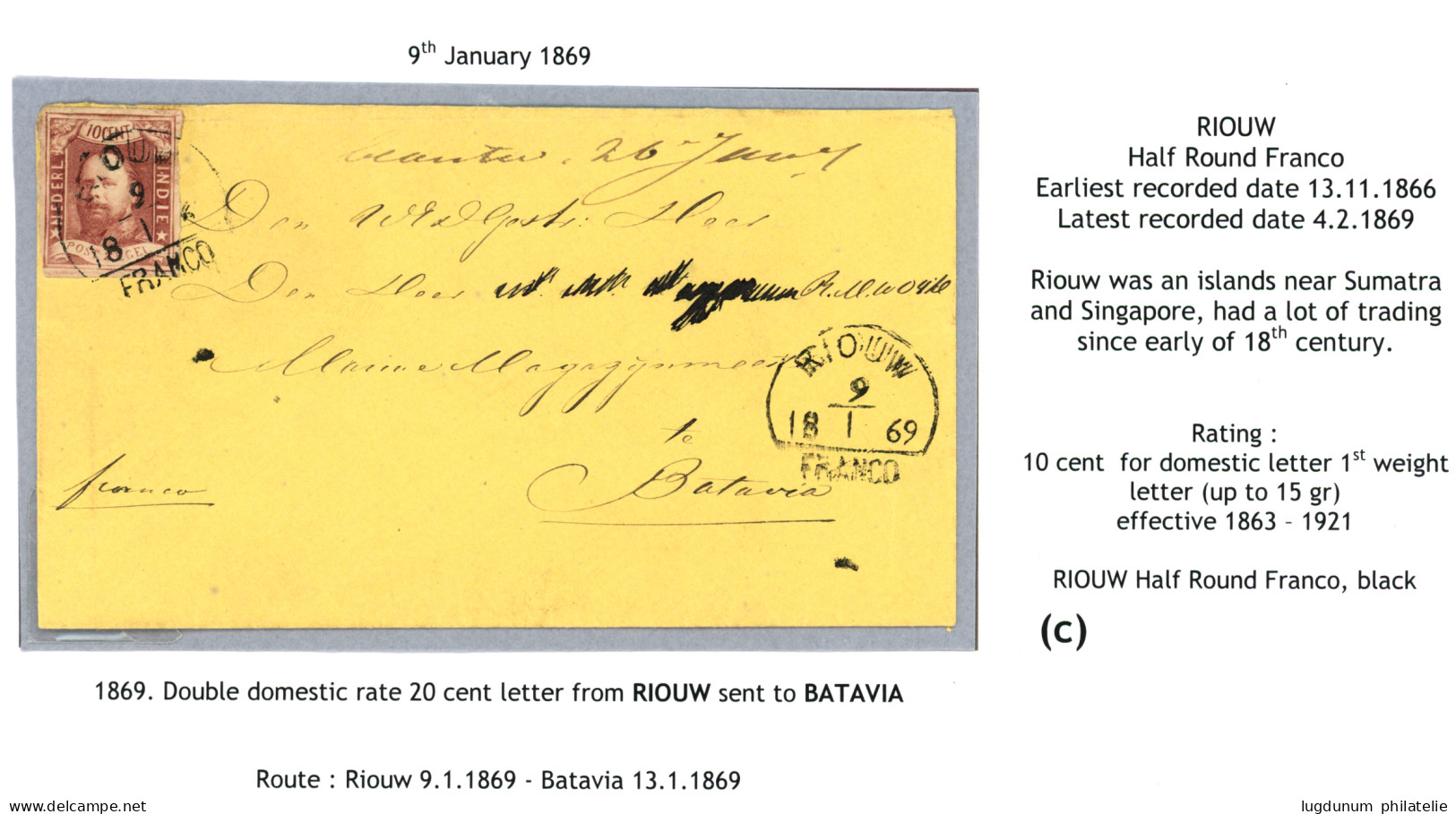 RIOUW : 1869 10c (n°1)  Canc. Half Round RIOUW /FRANCO On Envelope (name Erased) To BATAVIA. Only 4 Letters Know. VLEEMI - Netherlands Indies
