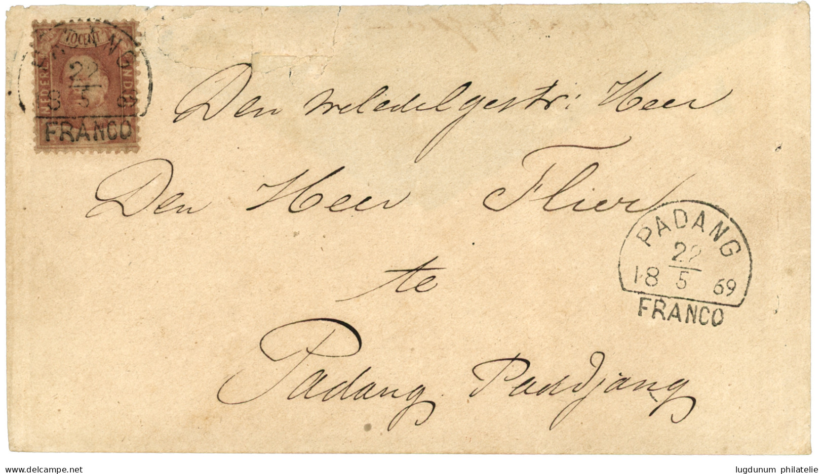 1869 Second Issue 10c (n°2) Canc. Half Round PADANG / FRANCO On Envelope (small Faults) To PADANG PANDJANG. RARE. Vvf. - Netherlands Indies