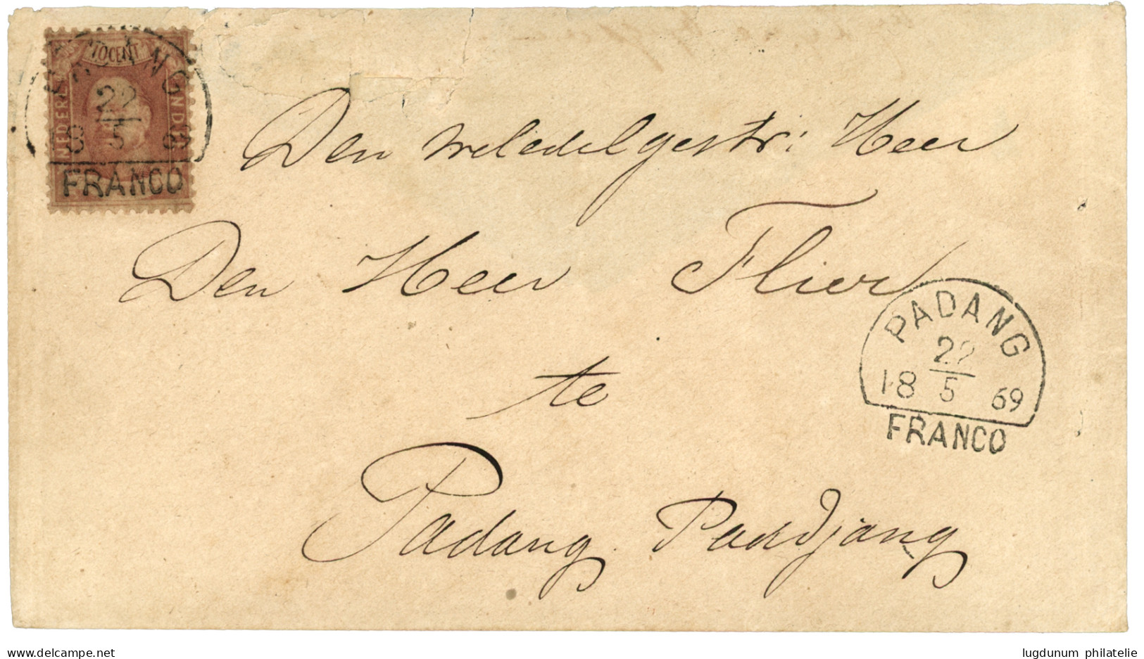 1869 Second Issue 10c (n°2) Canc. Half Round PADANG / FRANCO On Envelope (small Faults) To PADANG PANDJANG. RARE. Vvf. - Nederlands-Indië