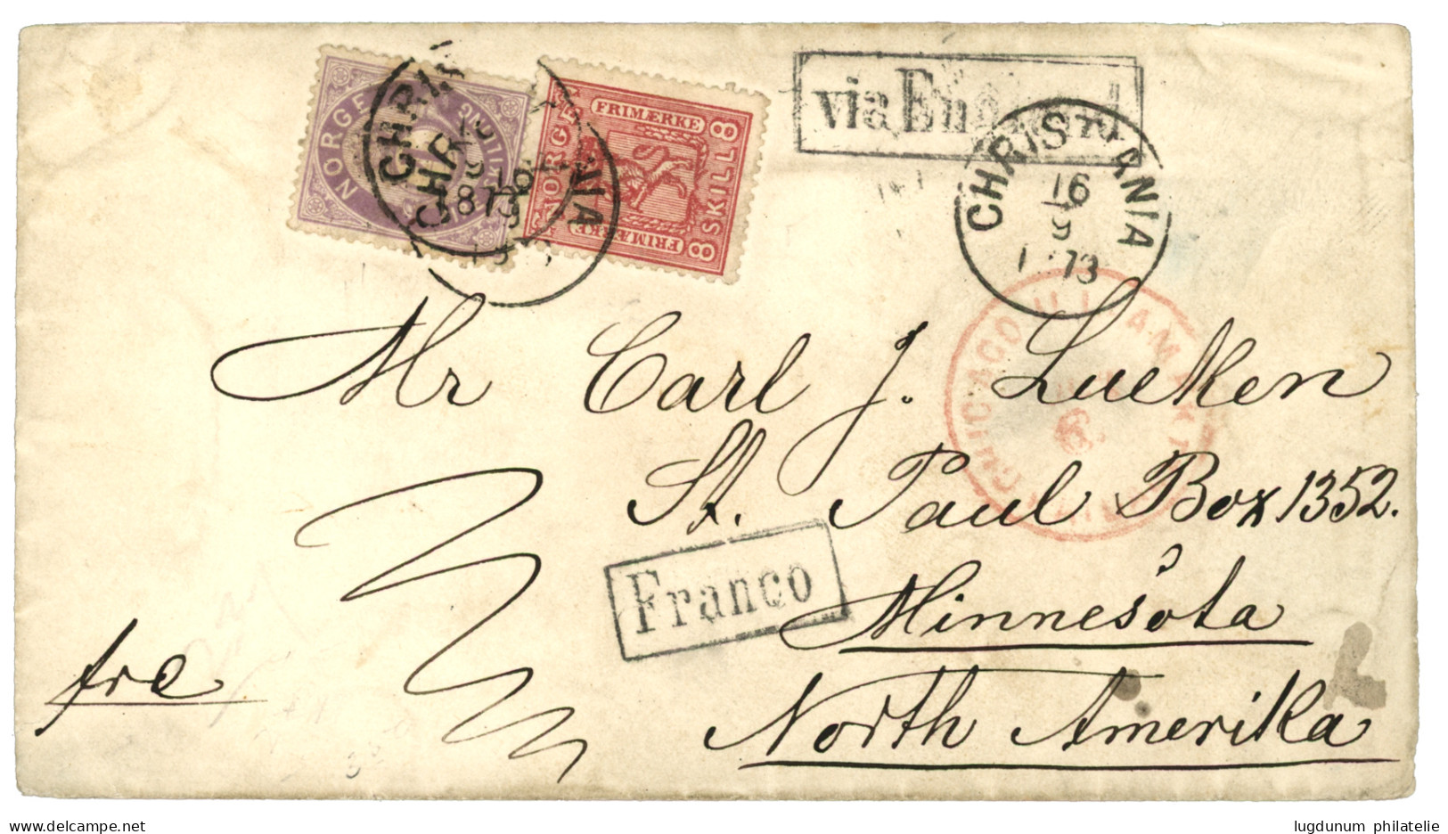 NORWAY : 1873 8sk + 4sk Canc. CHRISTIANIA + Boxed VIA ENGLAND (scarce)  On Envelope To UNITED STATES. Vf. - Other & Unclassified