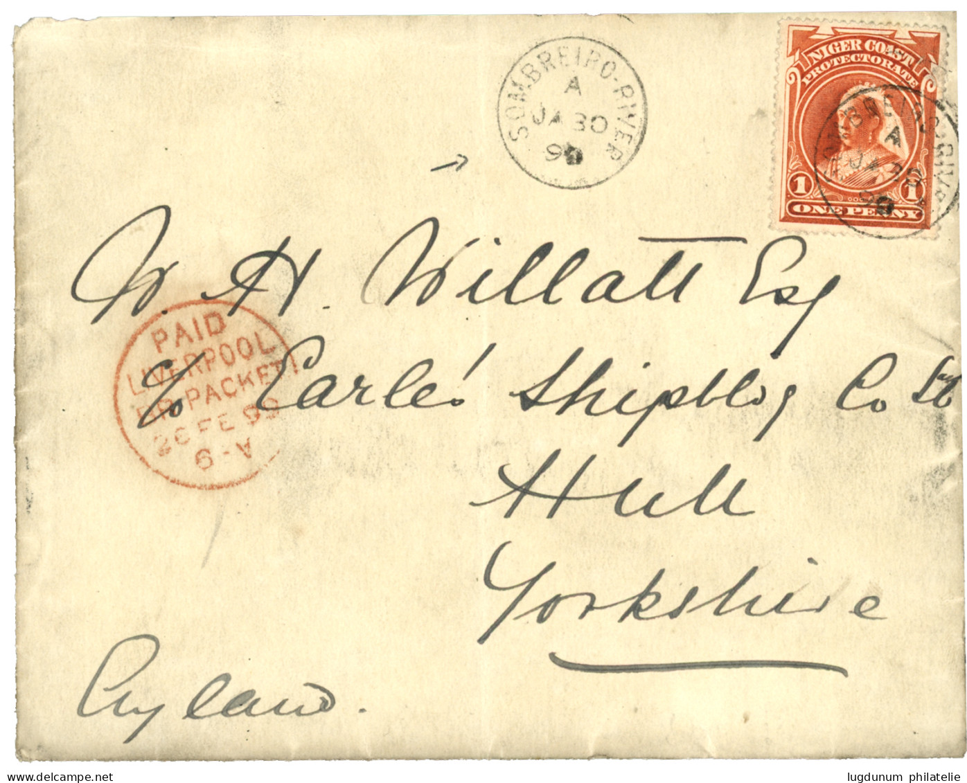 NIGER COAST : 1899 1d Canc. SOMBREIPO-RIVER On Cover (FRONT ONLY) To ENGLAND. Scarce. Vvf. - Nigeria (...-1960)