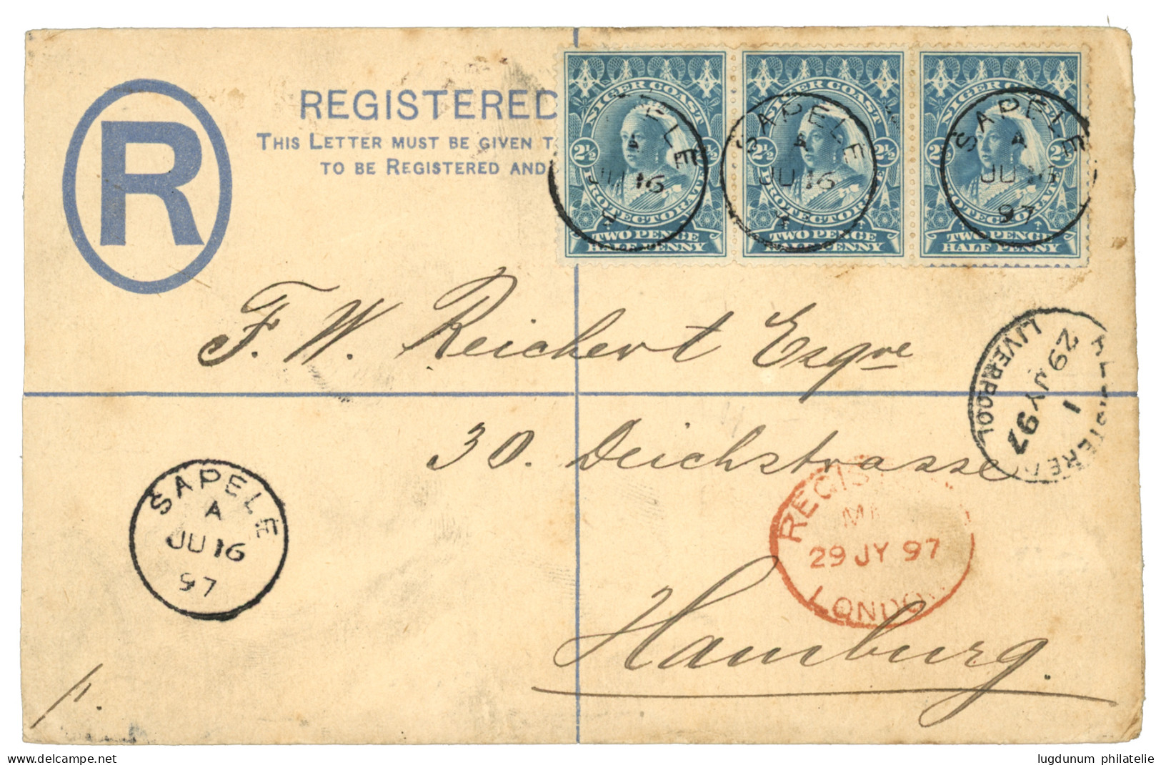 NIGER COAST : 1897 2d (x3) On REGISTERED LETTER (2d) Canc. SAPELE To HAMBURG. Scarce. Vvf. - Nigeria (...-1960)