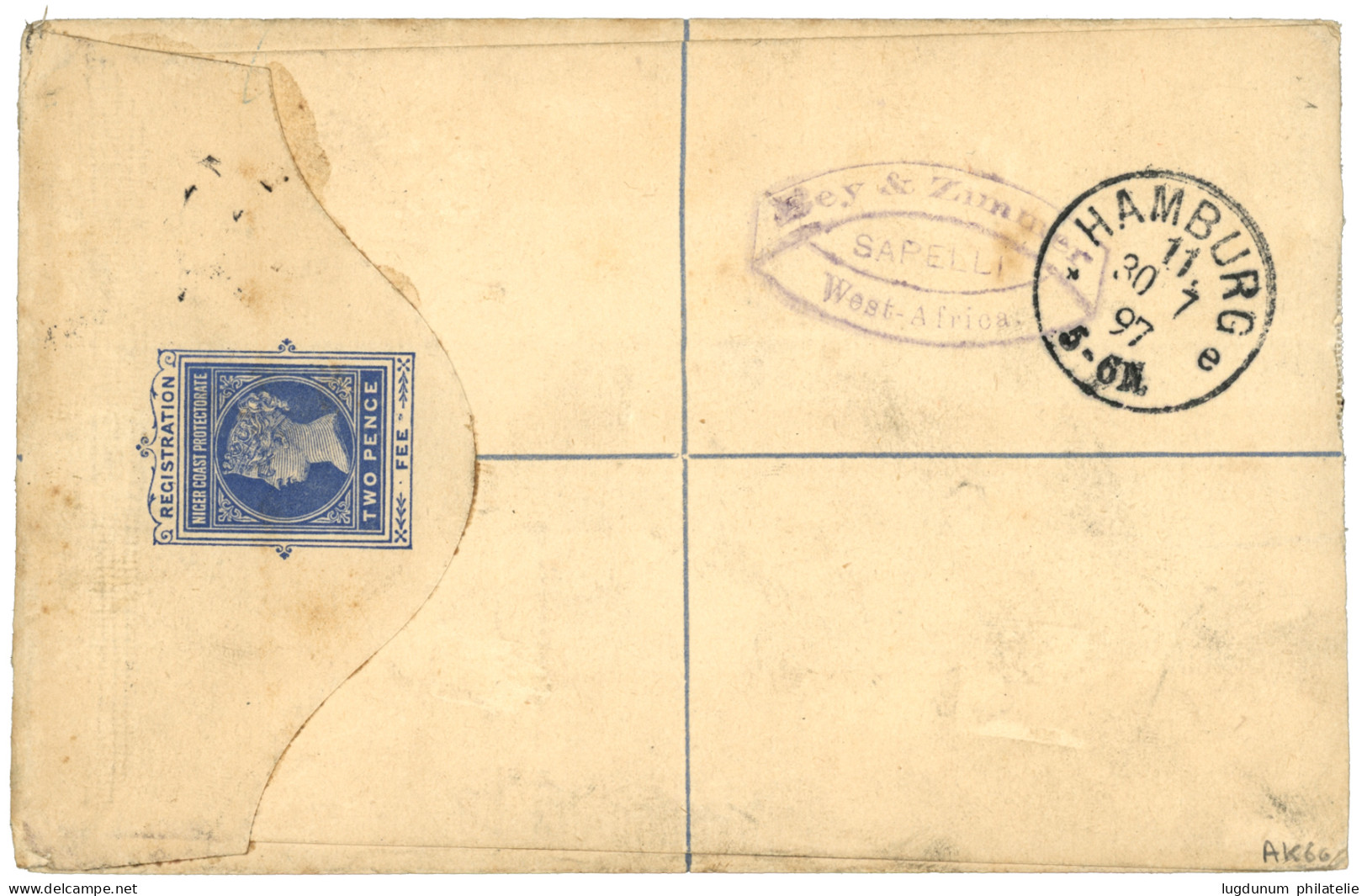 NIGER COAST : 1897 2d (x3) On REGISTERED LETTER (2d) Canc. SAPELE To HAMBURG. Scarce. Vvf. - Nigeria (...-1960)