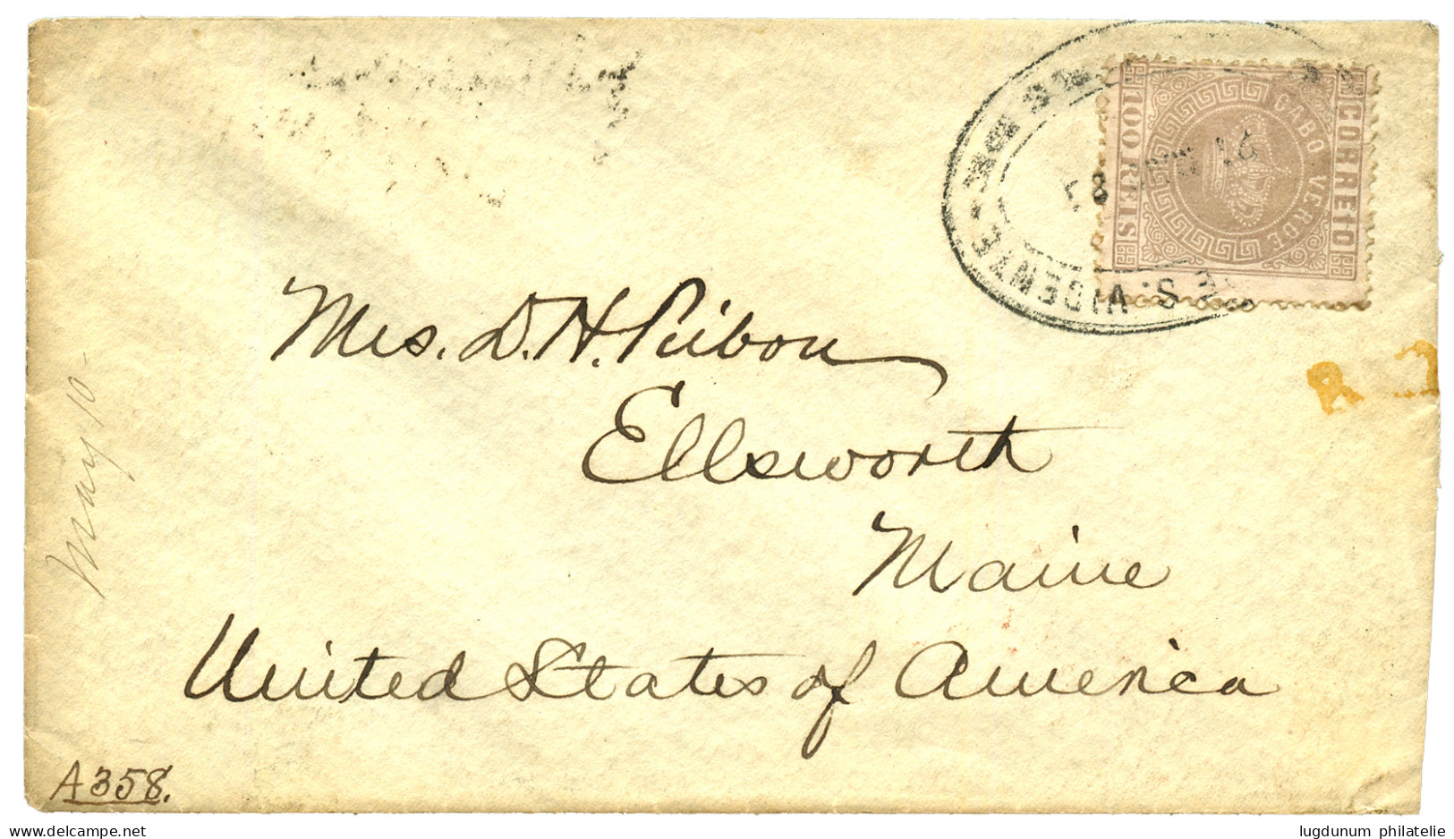 PORTUGUESE COLONIES - CAP VERT : 1885 CROWN 100r Canc. S.VINCENTE On Envelope 'FLAG SHIP LANCASTER" To USA. Verso, FLAGS - Kapverdische Inseln