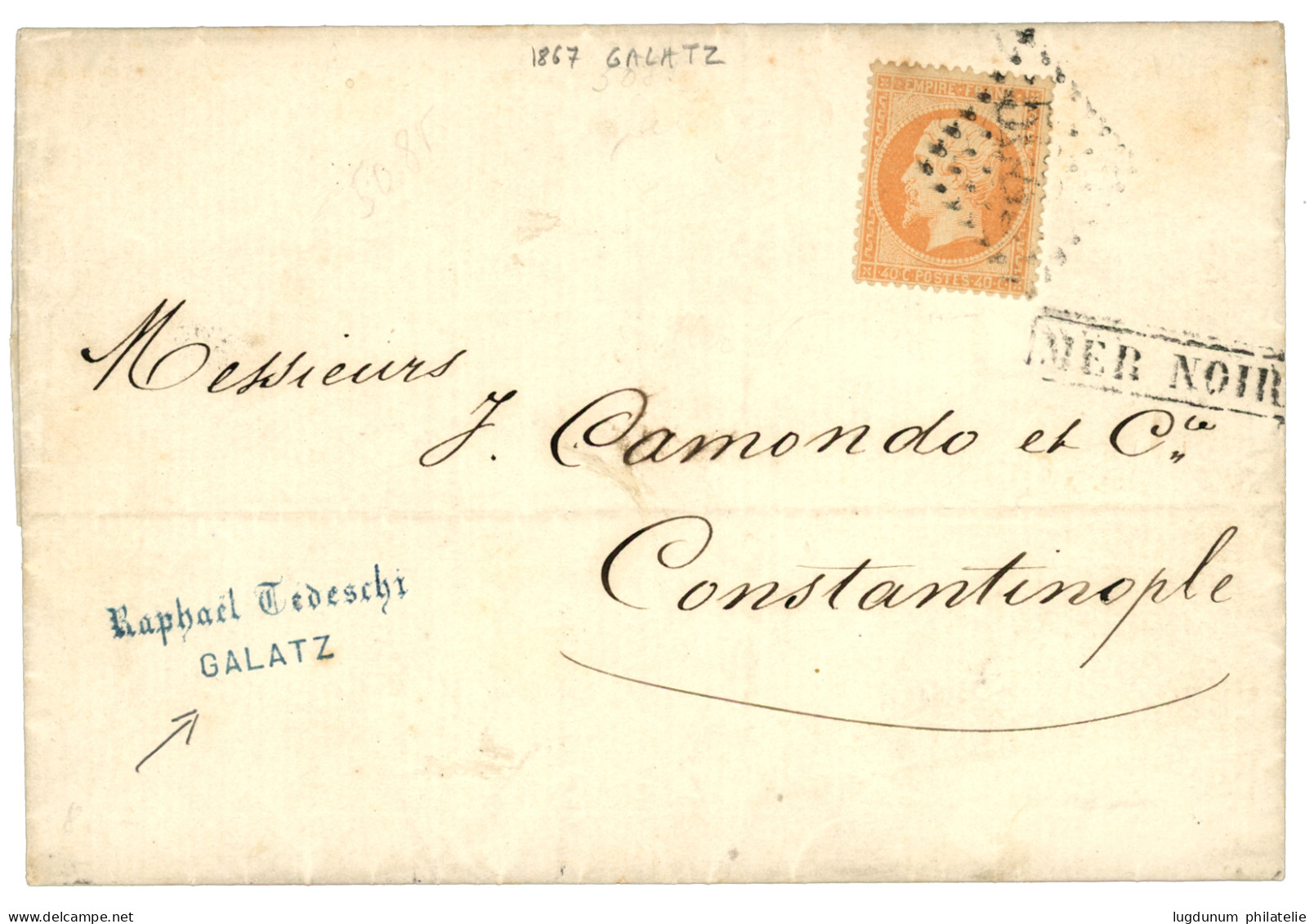 ROMANIA - GALATZ : 1867 FRANCE 40c Canc. GC 5083 + Boxed MER NOIRE On Entire Letter With Full Text Datelined "GALATZ" To - Sonstige & Ohne Zuordnung