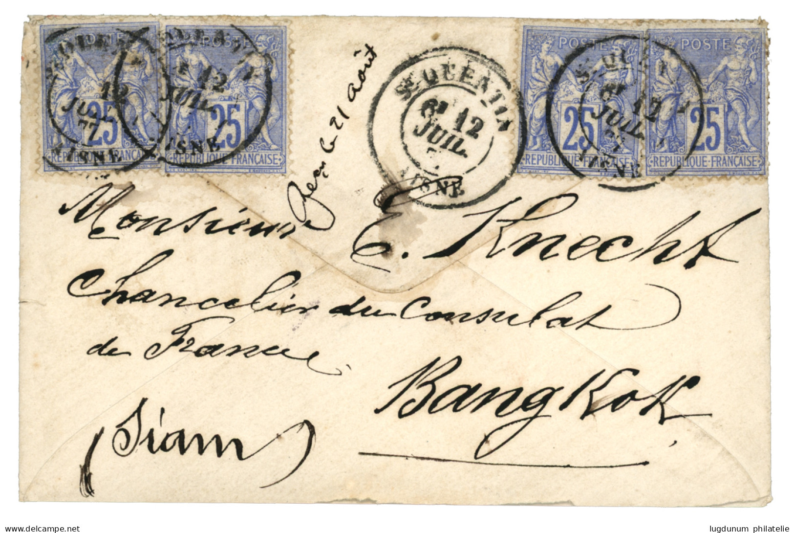 SIAM - PRE - U.P.U Mail : 1877 FRANCE 25c (x4) Canc. ST QUENTIN On Envelope To BANGKOK (SIAM). Verso, SINGAPORE In Red.  - 1849-1876: Période Classique