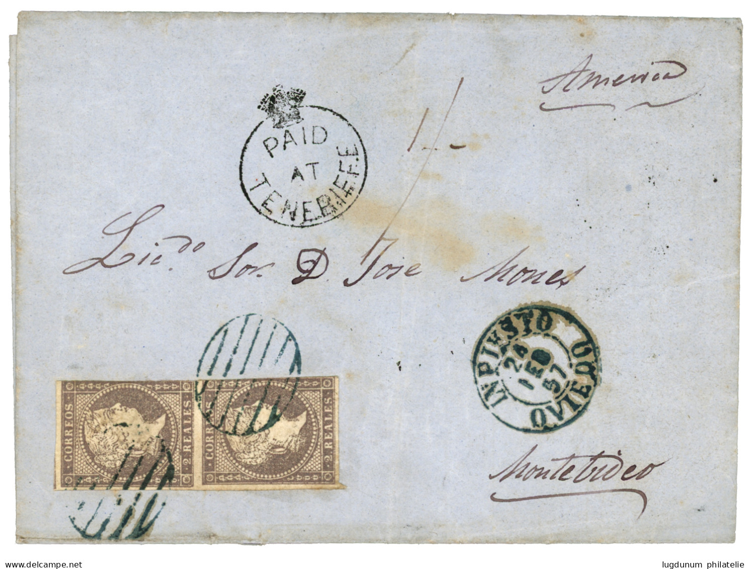 PAID AT TENERIFFE : 1857 SPAIN Pair 2R + INPIESTO OVIEDO + PAID AT TENERIFFE On Entire Letter To MONTEVIDEO (URUGUAY). R - Other & Unclassified