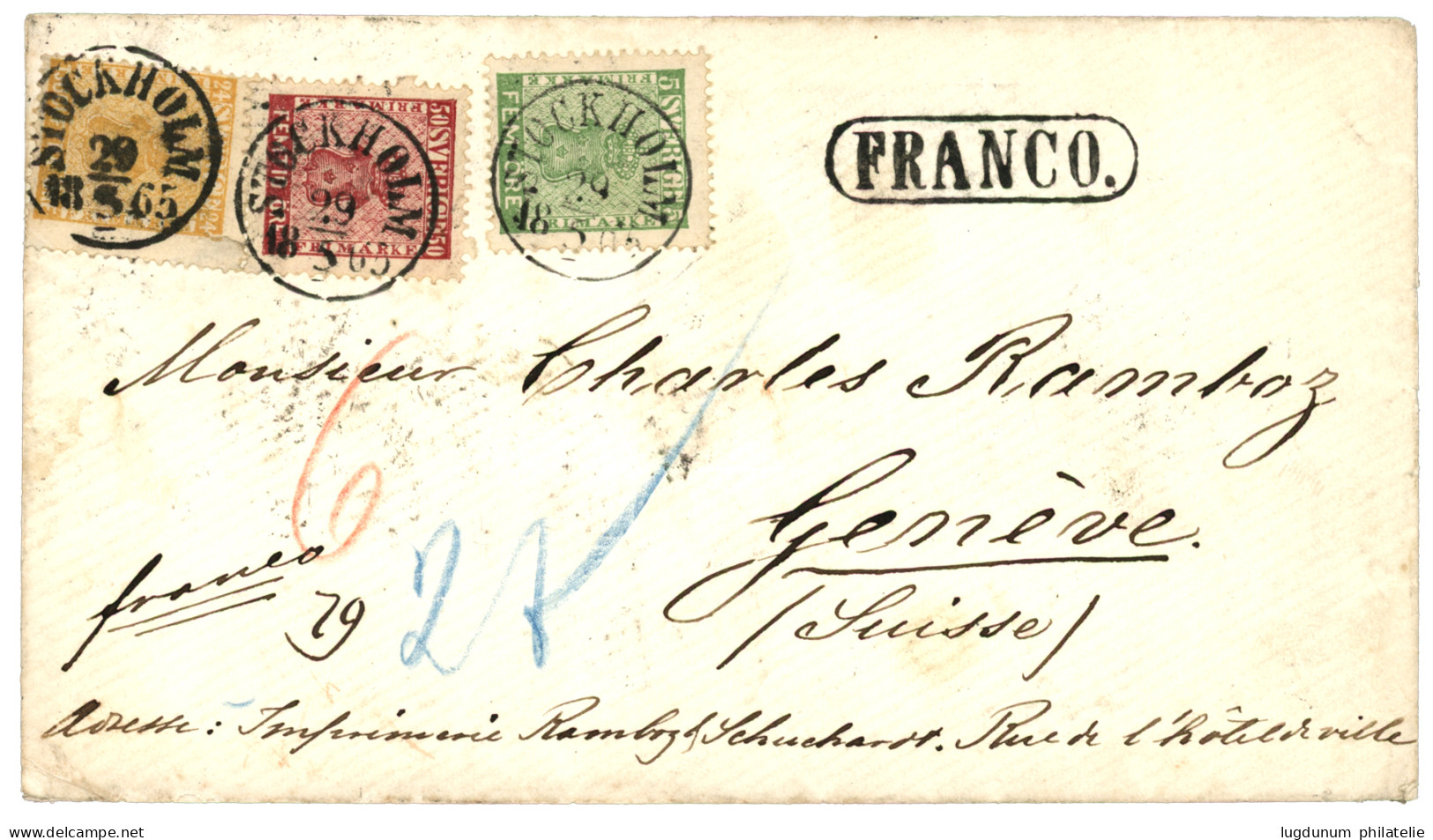 SWEDEN : 1865 5 Ore + 24 Ore (small Fault) + 50 Ore Canc. STOCKHOLM On Envelope To GENEVA (SWITZERLAND). Very Rare Combi - Autres & Non Classés