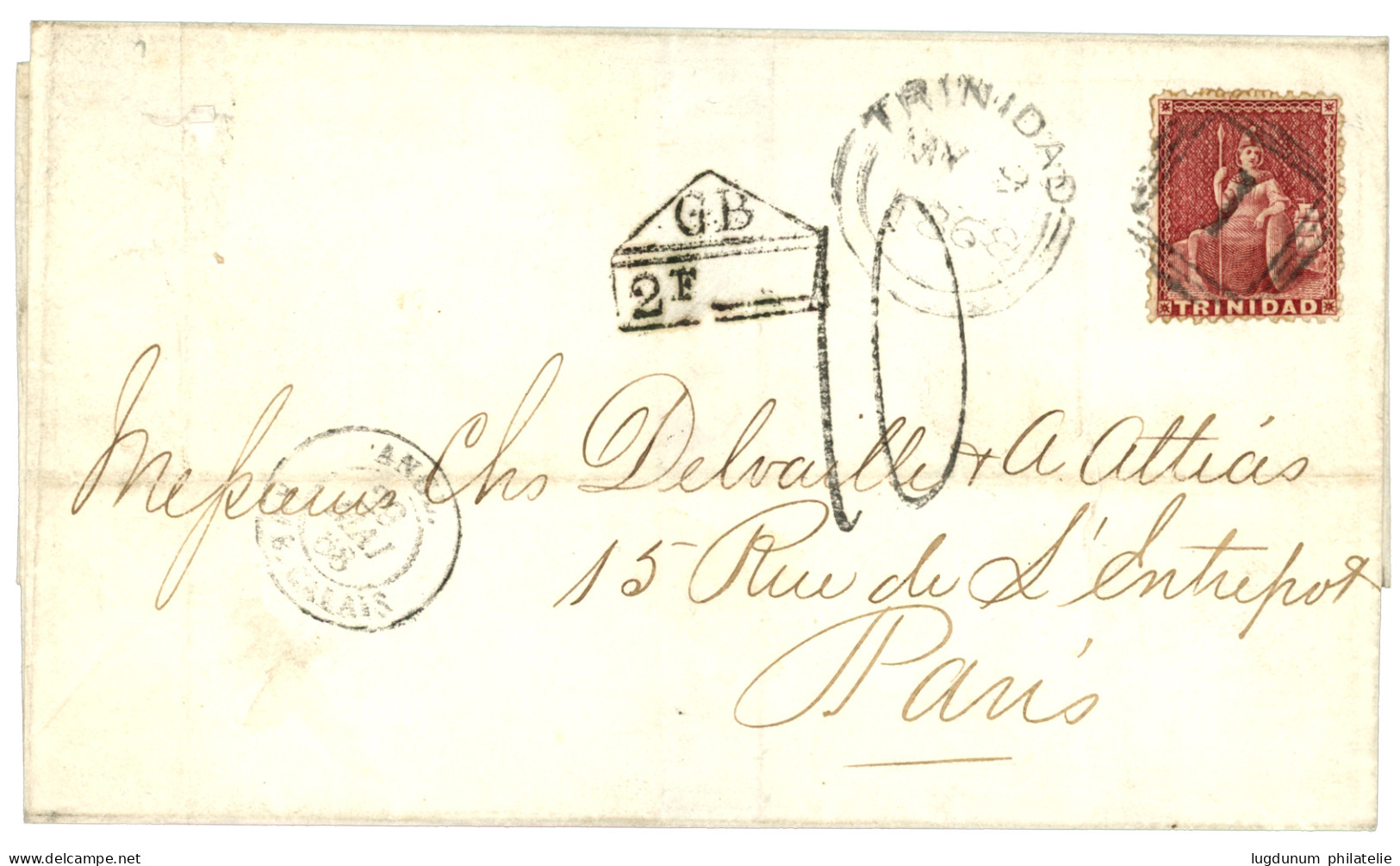 TRINIDAD : 1868 1p Red Canc. I + TRINIDAD + GB/2F + 10 Tax Marking On Entire To FRANCE. Rare Combination Of Superb Quali - Trinidad Y Tobago