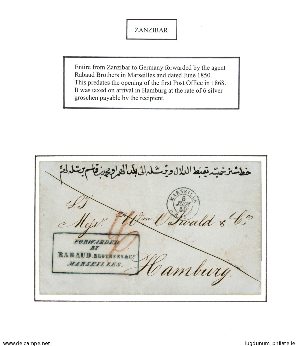 ZANZIBAR - PRECURSOR : 1850 MARSEILLE Cachet + Arabic Forwarding Endorsment In Manuscript + Boxed FORWARDED BY RABAUD BR - Zanzibar (...-1963)