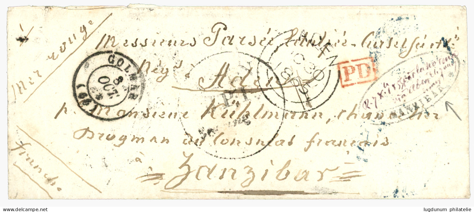 ZANZIBAR - PRECURSOR : 1865 COLMAR (FRANCE) + British ADEN + FORWARDING AGENT / ZANZIBAR On Envelope To ZANZIBAR. Verso, - Zanzibar (...-1963)