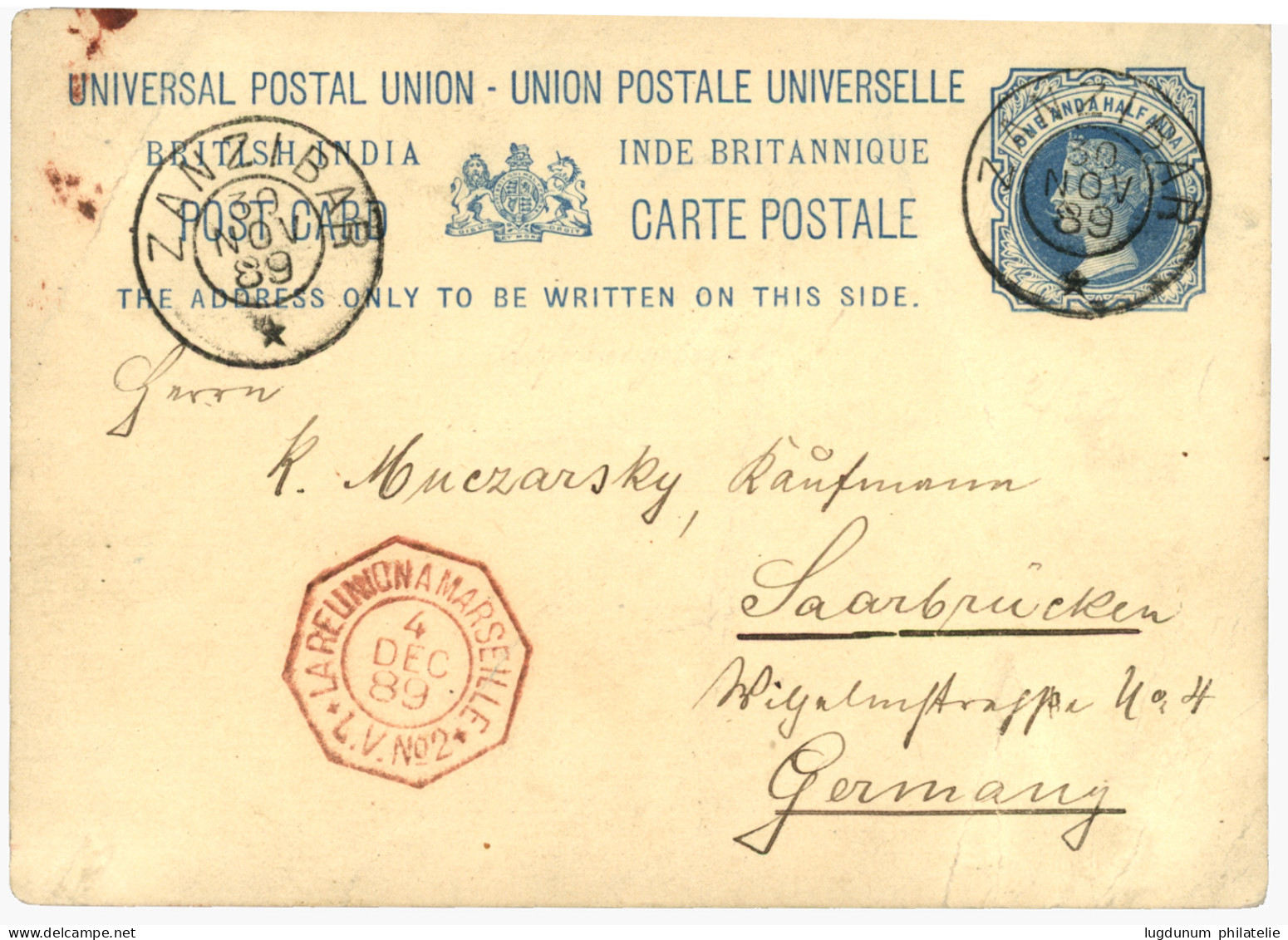 ZANZIBAR : 1889 INDIA POSTAL STATIONERY 1a Canc. French Cachet ZANZIBAR To GERMANY. Very Scarce. Ex. METLISS. Superb. - Zanzibar (...-1963)