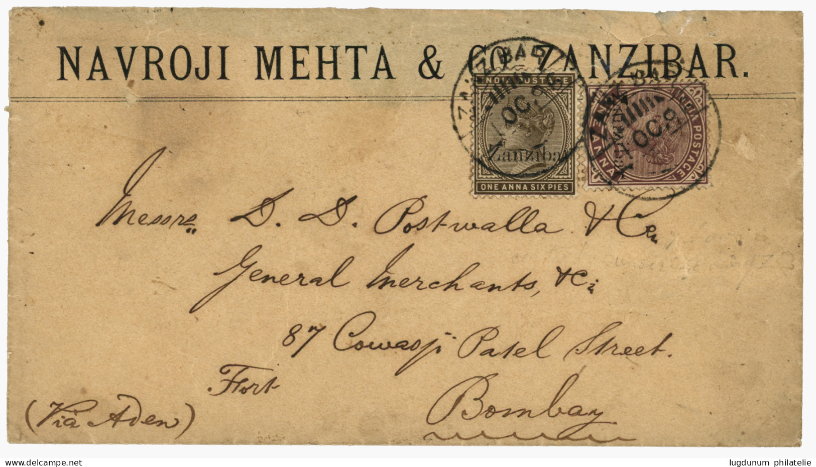 ZANZIBAR - BRITISH P.O. : 1896 INDIA Overprint ZANZIBAR 1a + 1a 6p Canc. ZANZIBAR On Commercial Envelope To BOMBAY. Ex.  - Zanzibar (...-1963)