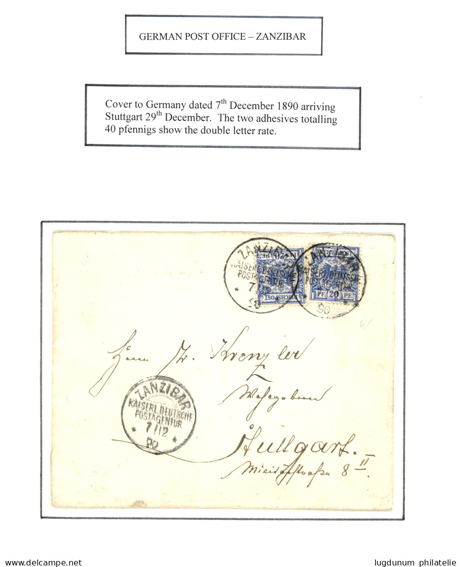 ZANZIBAR - GERMAN P.O. : 1890 GERMANY 20pf (x2) Canc. ZANZIBAR KAISERL. DEUTSCHE POSTAGENTUR On Envelope To STUTTGART. D - Zanzibar (...-1963)