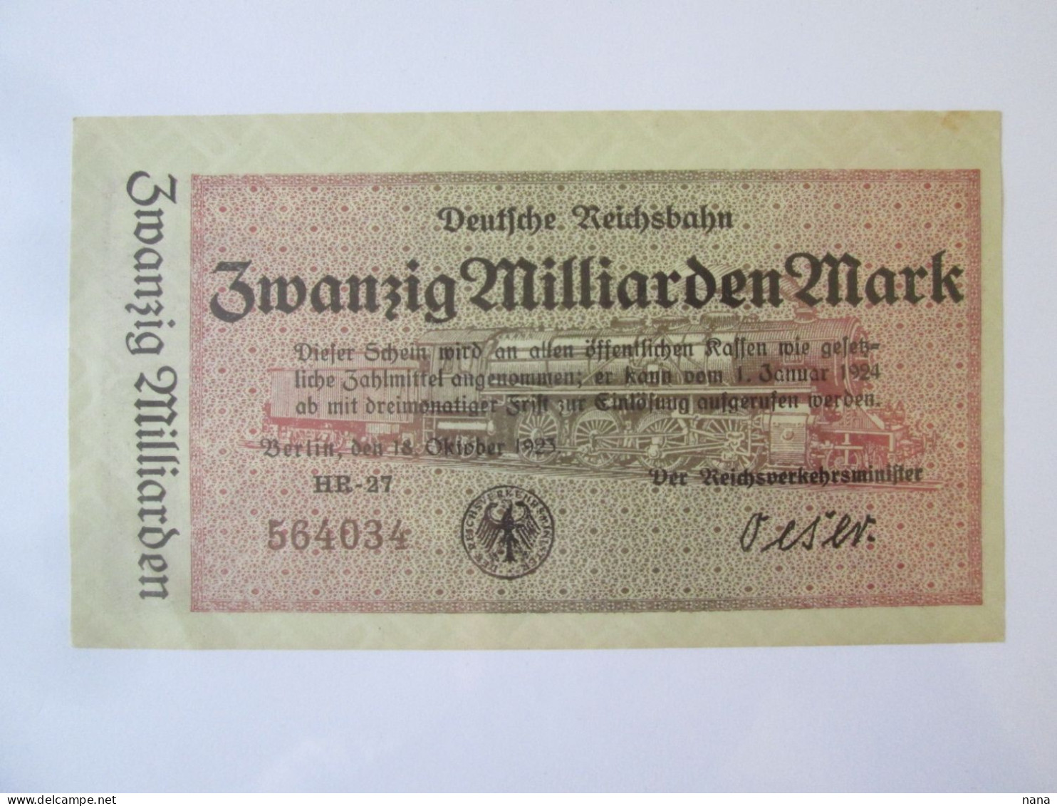 Germany 20 Milliarden/Billion/Milliards Mark 1923 AUNC German Railways Berlin/Chemin De Fer Allemand De Berlin - 20 Milliarden Mark