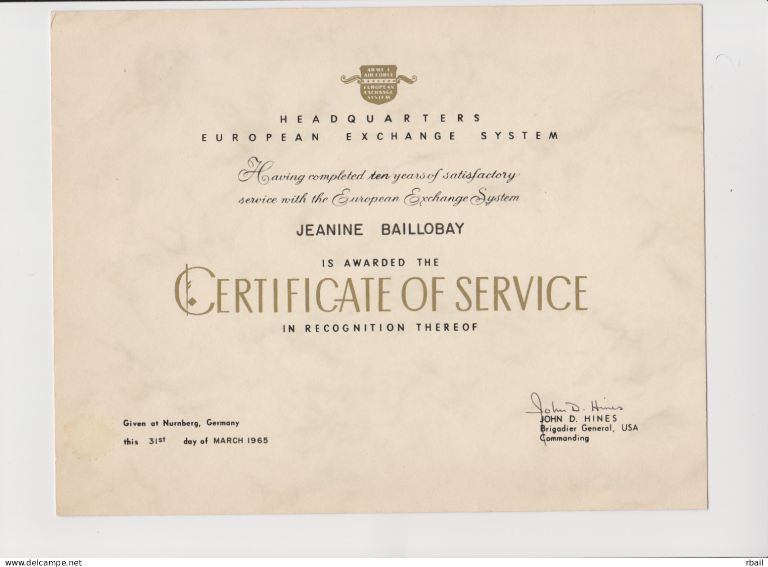 Certificat De Service (headquarters European Exchange System) 1965 Armé  Usa - Documenti