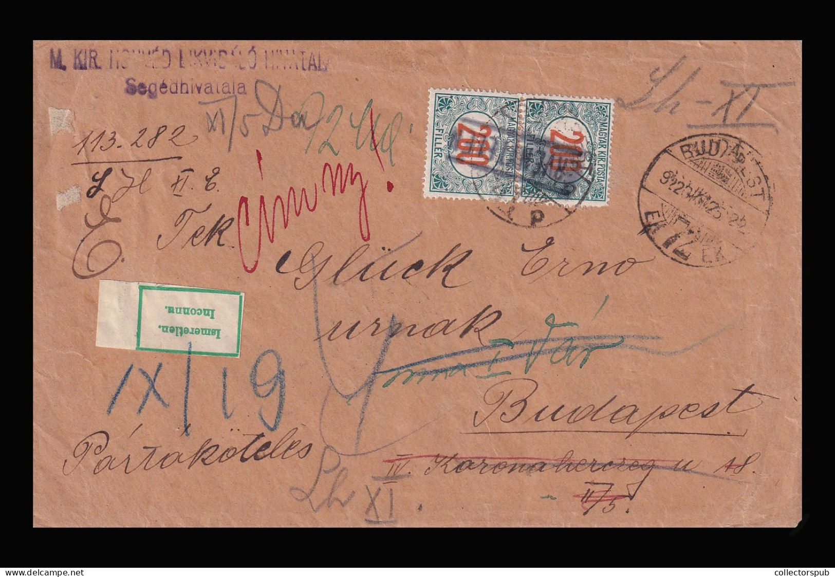 1922. BUDAPEST Interesting Inflation Cover With Postage Due Stamps - Briefe U. Dokumente