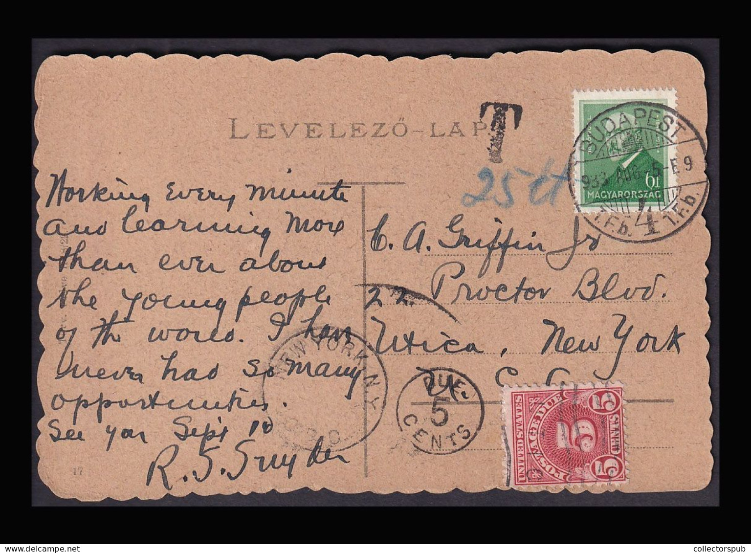 BUDAPEST 1933. Nice Postcard To USA With Postage Due Stamp - Lettres & Documents