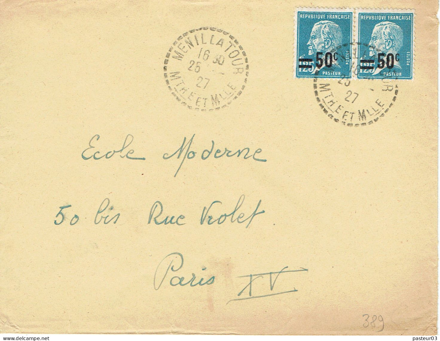 Tarifs Postaux France Du 09-08-1926 (26) Pasteur N° 222 50 C. Sur 1,25 F. Cachet Recette B 4  Lettre 3è échelon 25---192 - 1922-26 Pasteur